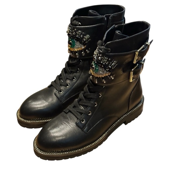 Kurt Geiger Black Leather Sutton Rhinestone Embellished Eye Combat Boot  Size 6 - Picture 5 of 12